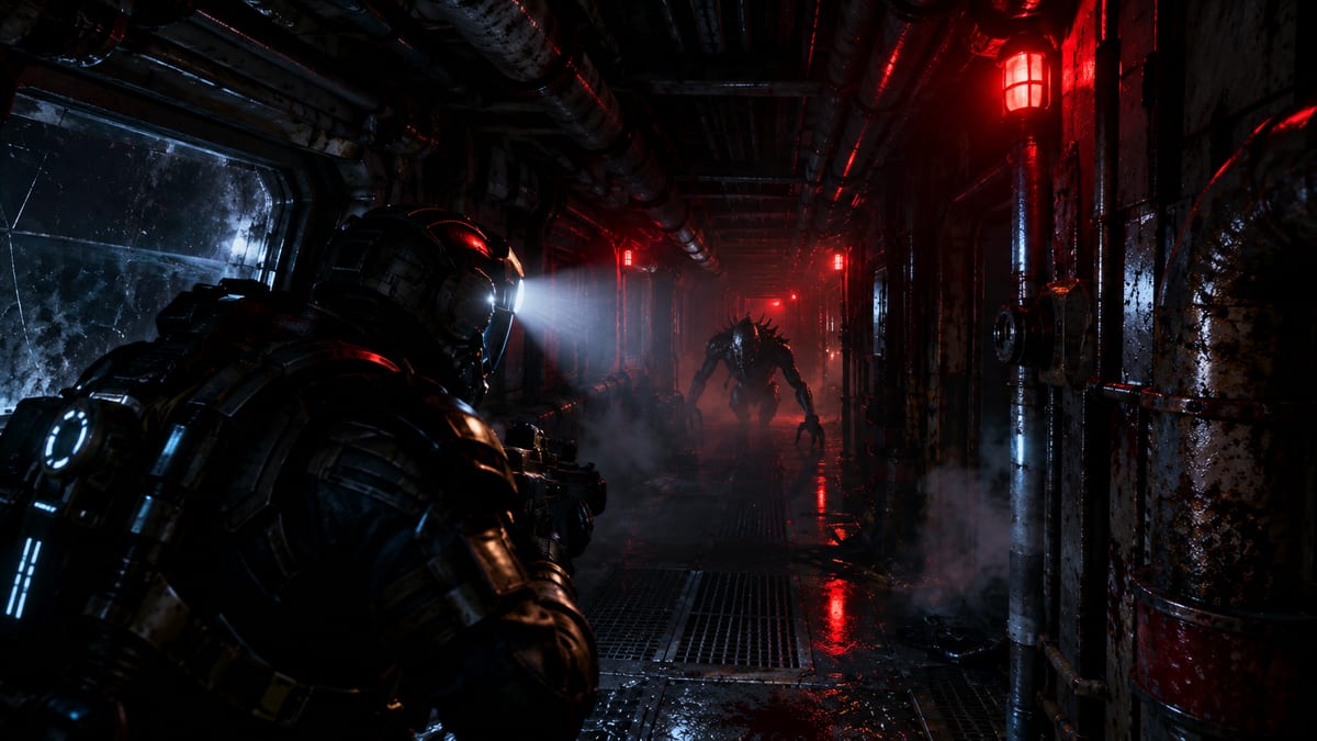 Soldado con un traje al estilo del RIG de Dead Space enfrentándose a una criatura en un pasillo industrial en penumbra