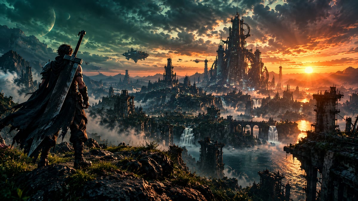 Ilustración conceptual de un guerrero con una espada enorme contemplando una ciudad futurista en ruinas al atardecer