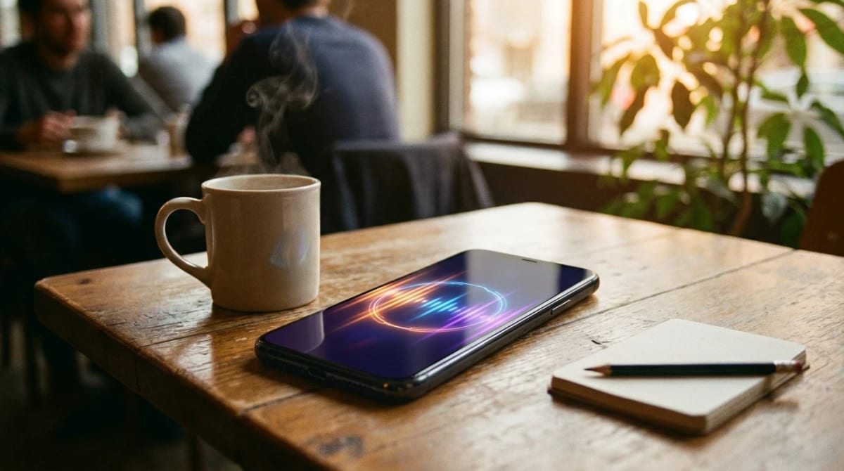Móvil sobre la mesa de una cafetería mostrando una onda de voz de una llamada gestionada por inteligencia artificial