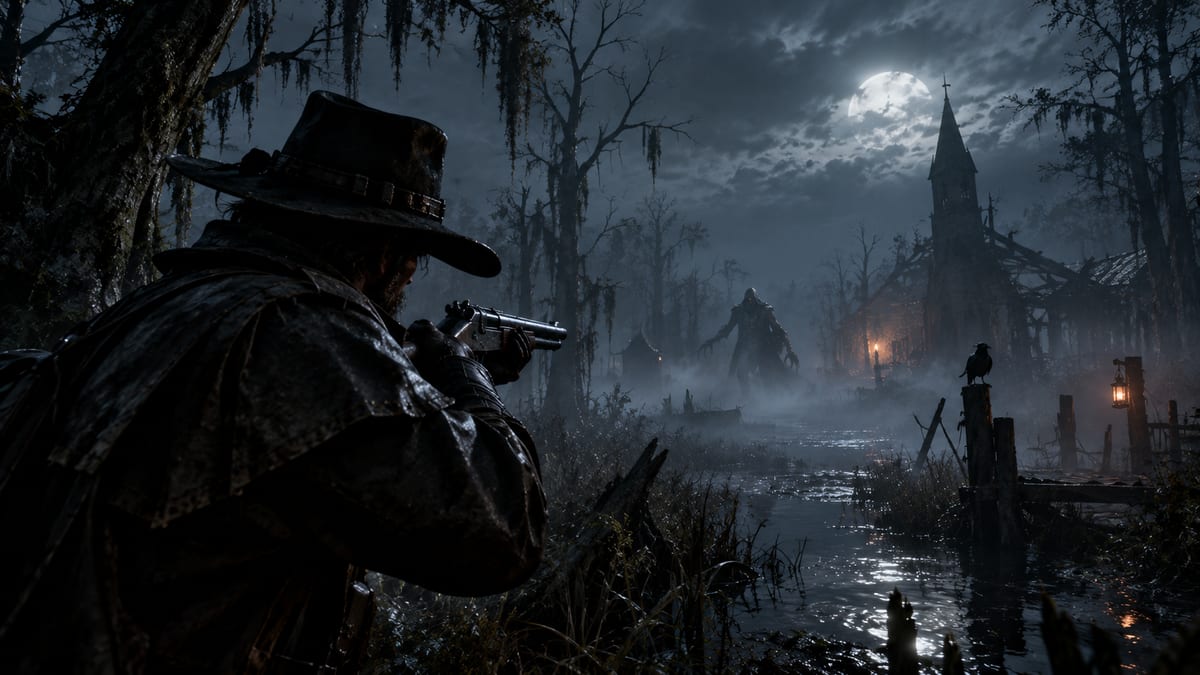 Cazador enfrentándose a criaturas del pantano bajo la luz roja de la Luna de Sangre en Hunt: Showdown 1896