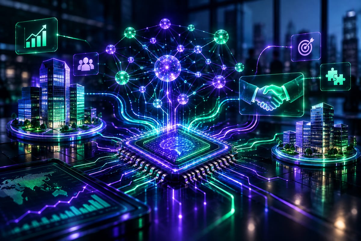 Ilustración conceptual de una adquisición corporativa tecnológica, con un chip de IA y edificios de oficinas conectados por una red de datos