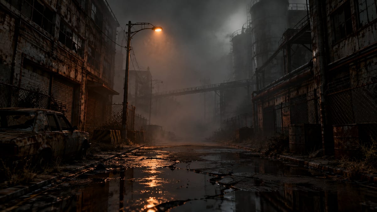 Escena de terror en niebla de Silent Hill: Townfall con una figura amenazante acechando entre las sombras